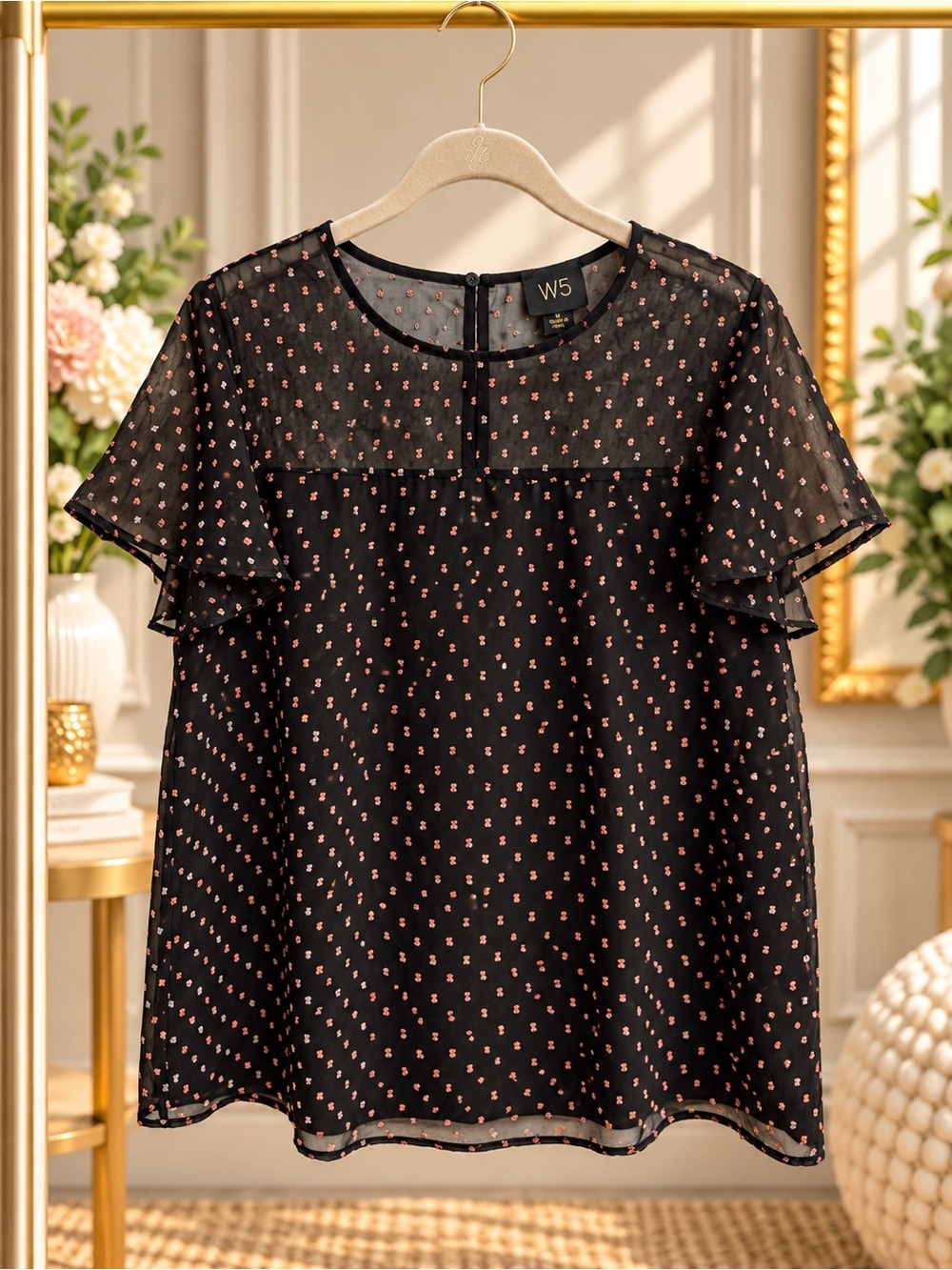 W5 Black Sheer Chiffon Pink Gray Clip Dot Flutter Sleeve Blouse M NWOT